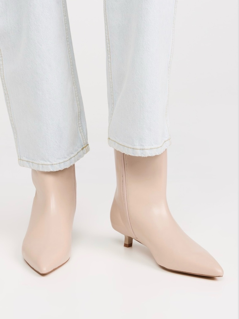 Intentionally Blank Lundi Leather Booties Cream Pointed Toe Kitten Heel Ankle